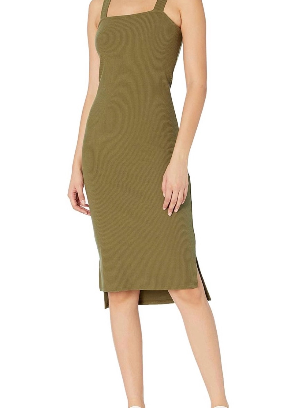Olive Green Ribbed Square-Neck Midi Dress